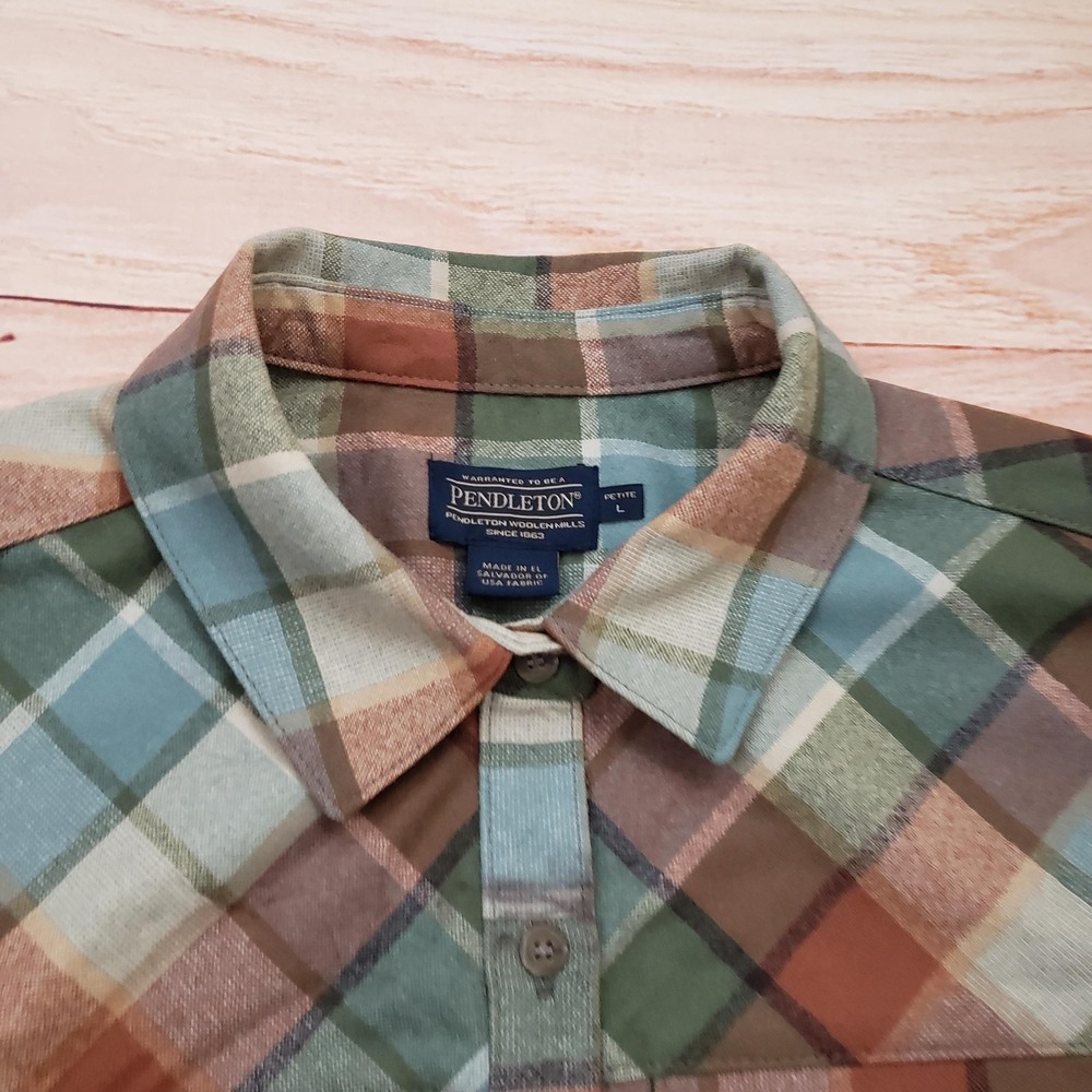 Pendleton Shirt Womens Petite Large Green Brown Plaid Wool Button Up Long Sleeve - Picture 3 of 14